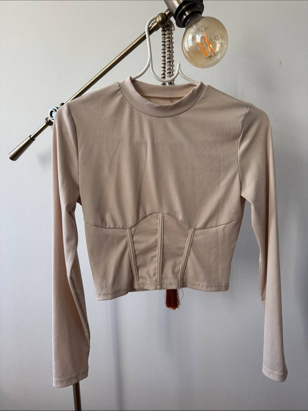 Long Sleeve Ribbed Crop Top in Light Beige